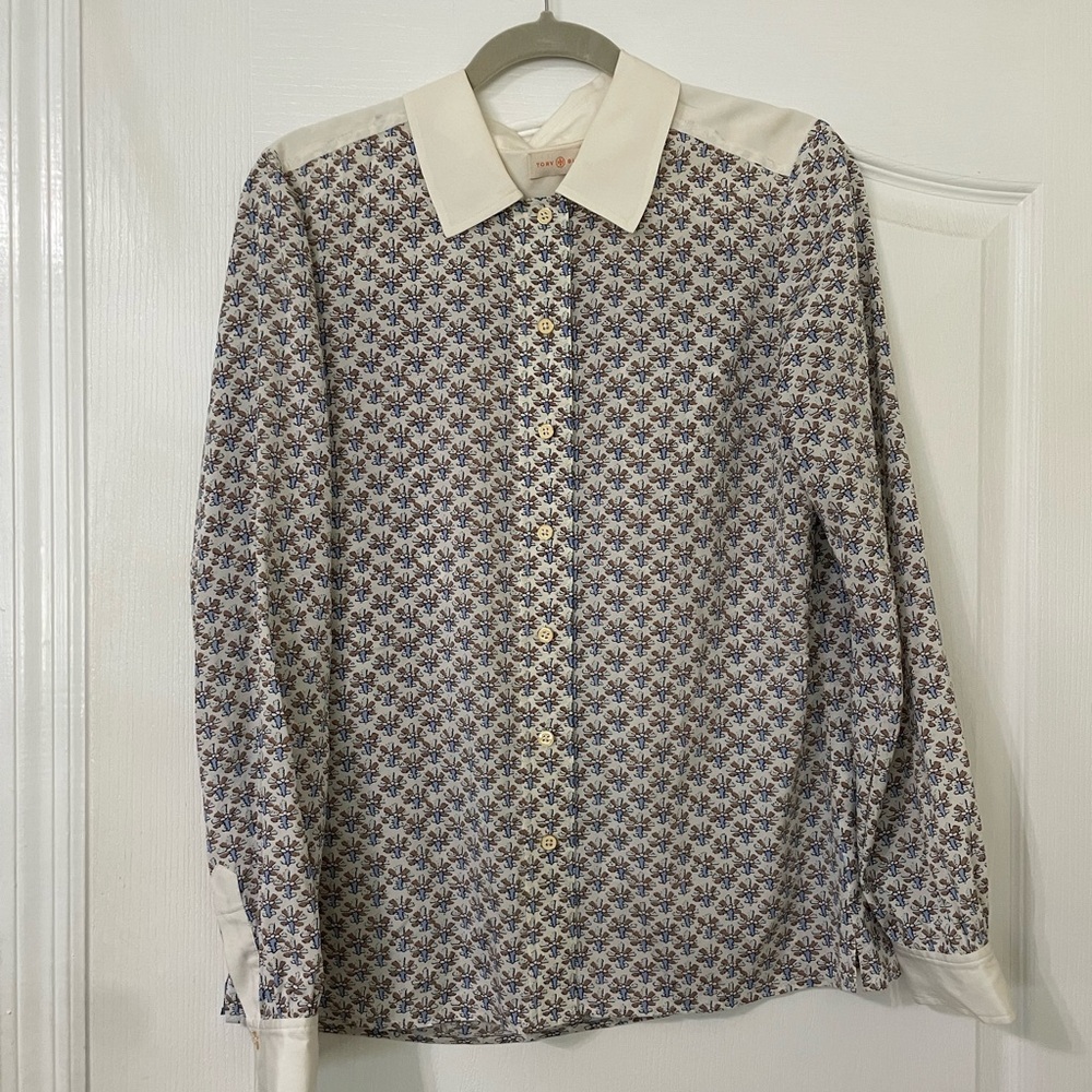Tory Burch Blue and Cream Floral Button-Down Shirt